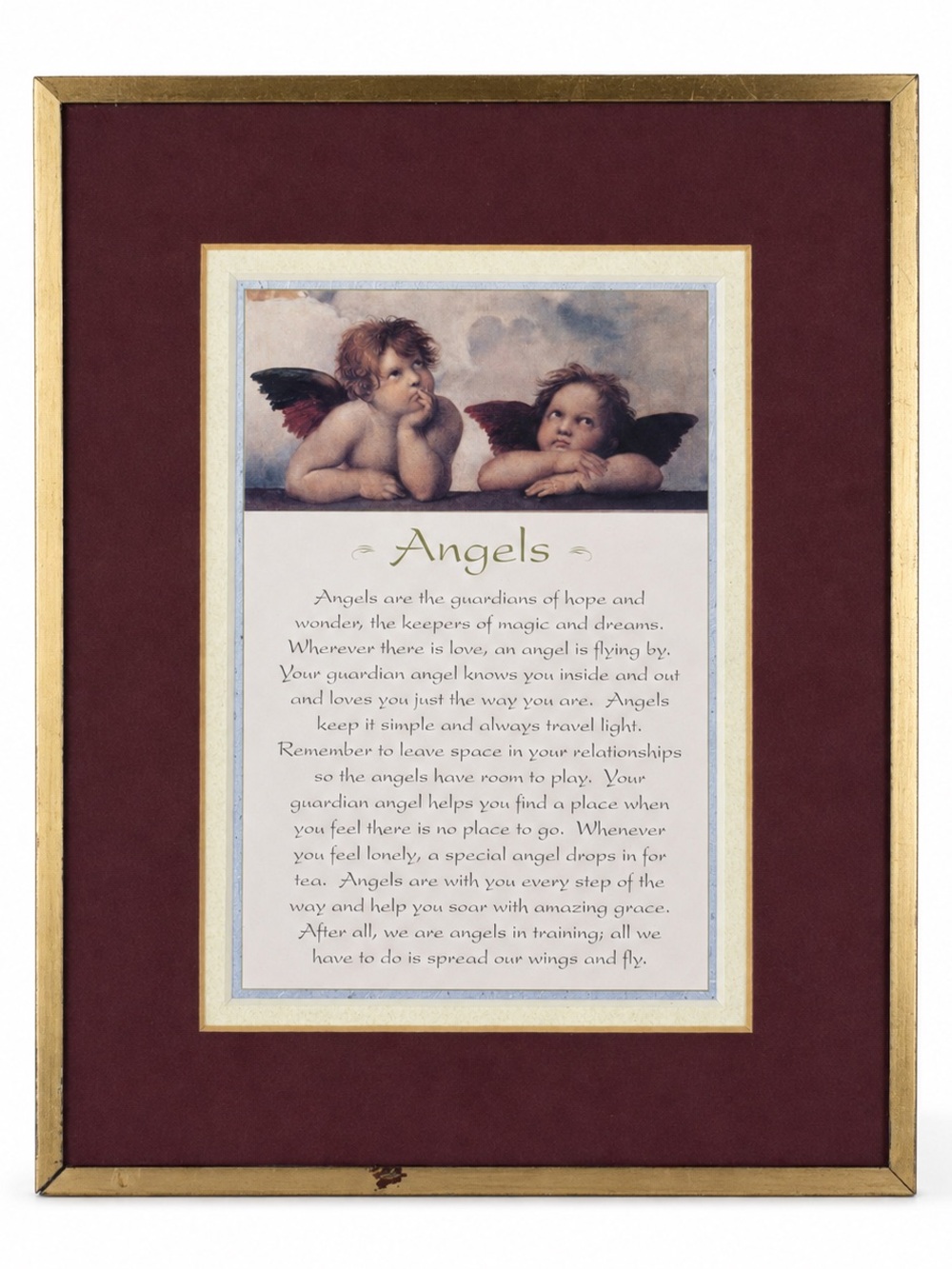 Vintage Raphael “Angels” Gold Framed Print Burgundy Mat 8” x 10”Erich Lessing